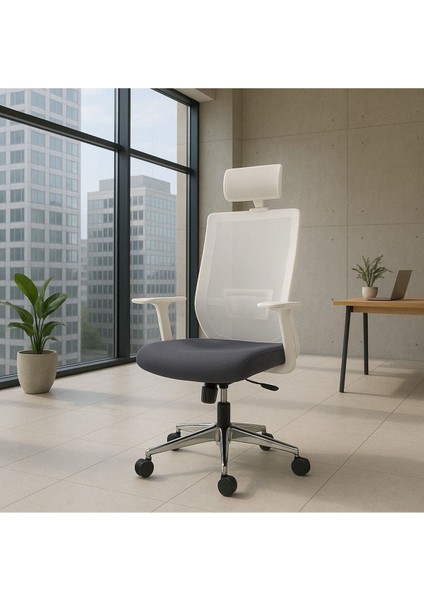 Vintage Beyaz Çalışma Sandalyesi | Ofis Koltuğu | Yönetici Koltuğu | Açık Gri File Antrasit Kumaş