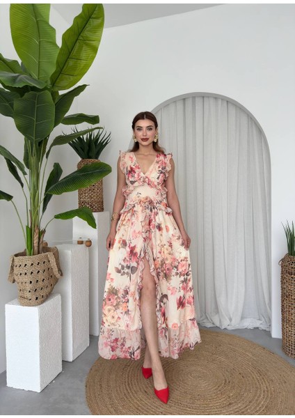 Sırt Dekolteli Çiçekli Şifon Yırtmaçlı Uzun Kadın Elbise