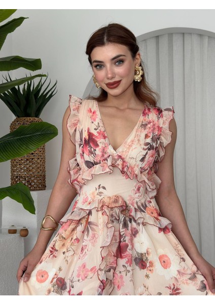 Sırt Dekolteli Çiçekli Şifon Yırtmaçlı Uzun Kadın Elbise indirimleri