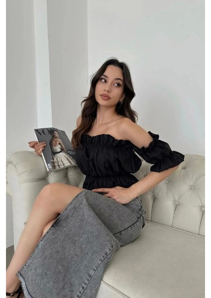 Madonna Yaka Kadın Bluz – Lastik Detaylı Rahat Kesim