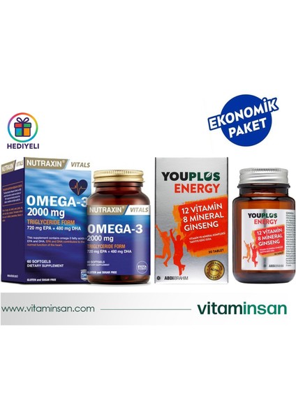 Omega 3 Balık Yağı 2000 Mg 60 Yumuşak Kapsül Youplus Energy Vitamin ve Mineral Kompleksi 30 Tablet