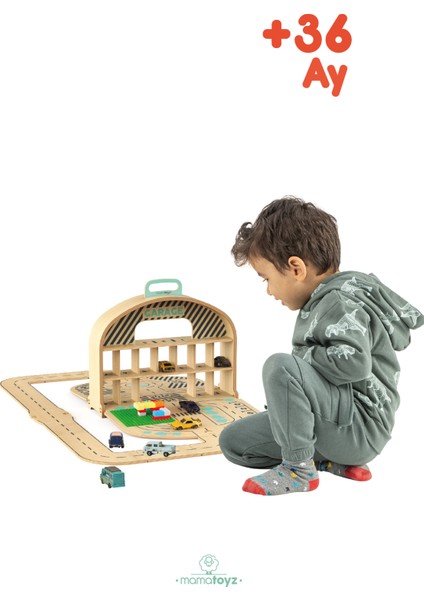 Ahşap Oyuncak Otopark Seti - Oyuncak arabalara uyumlu Garaj seti - Katlı otopark - Oyuncak Taşıma Çantası modelleri