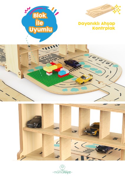 Ahşap Oyuncak Otopark Seti - Oyuncak arabalara uyumlu Garaj seti - Katlı otopark - Oyuncak Taşıma Çantası indirimleri