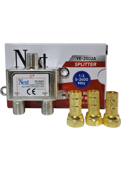 2 Li Splitter Anten Çoklayıcı Uydu Bölücü Next YE-2502A + 3 Adet Gold F Konnektör fiyatları