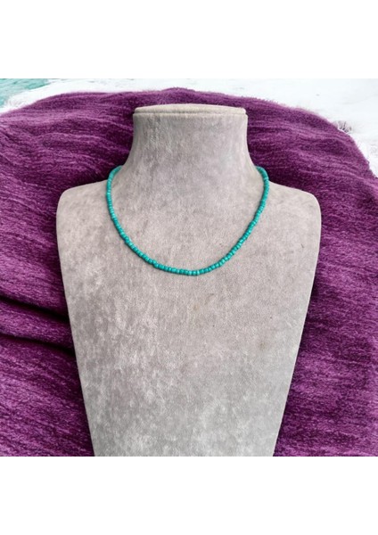 Sade Turkuaz Boncuklu Sıralı Bijuteri Kolye