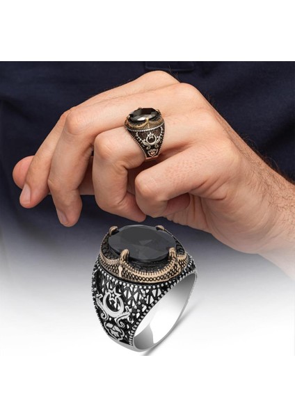 Ayyıldız Siyah Taşlı 925 Erkek Gümüş Yüzük