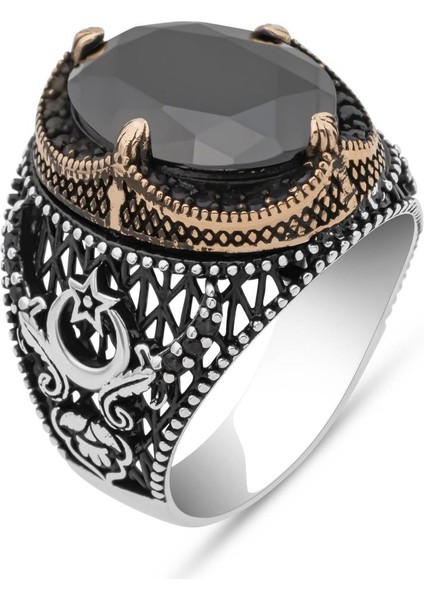 Ayyıldız Siyah Taşlı 925 Erkek Gümüş Yüzük fiyatları