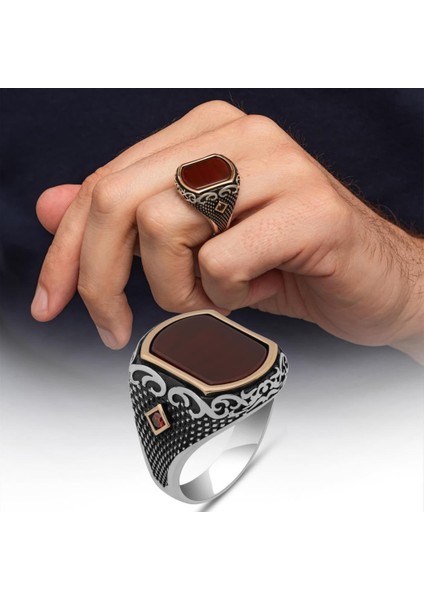 Akik Taşlı 925 Erkek Gümüş Yüzük Erkek