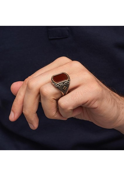Akik Taşlı 925 Erkek Gümüş Yüzük Erkek fırsatları