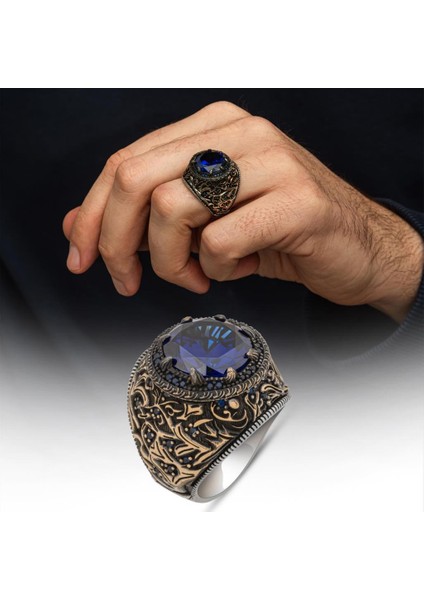 Yuvarlak Lacivert Taşlı 925 Erkek Gümüş Yüzük