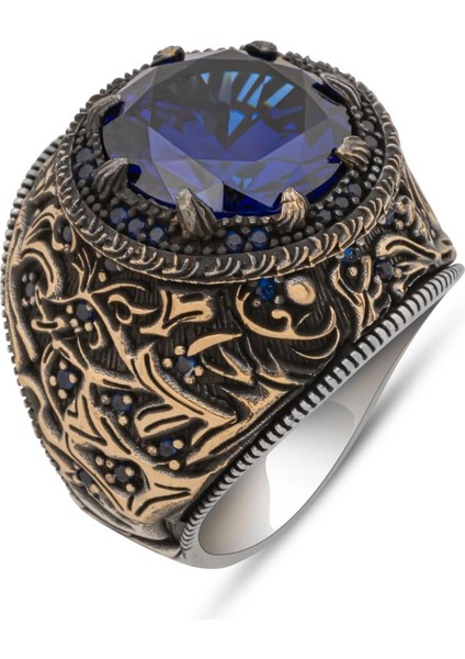 Yuvarlak Lacivert Taşlı 925 Erkek Gümüş Yüzük fiyatları