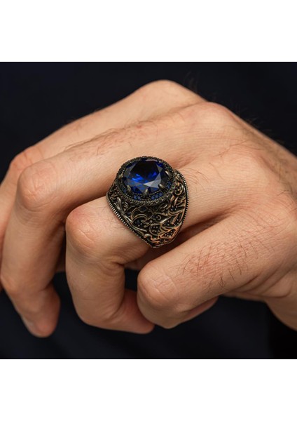 Yuvarlak Lacivert Taşlı 925 Erkek Gümüş Yüzük modelleri