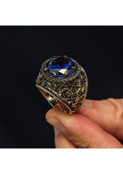 Yuvarlak Lacivert Taşlı 925 Erkek Gümüş Yüzük fırsatları