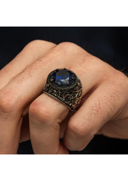 Yuvarlak Lacivert Taşlı 925 Erkek Gümüş Yüzük indirimleri