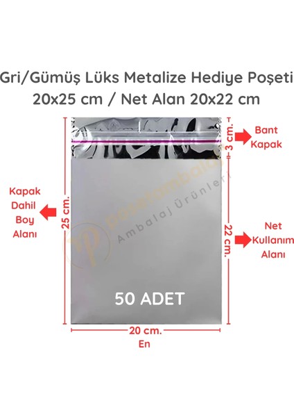 20X25 cm Gümüş Renk Bantlı Lüks Metalize Hediyelik Poşet (50 Adet)