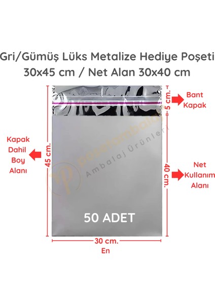 30X45 cm Gümüş Renk Bantlı Lüks Metalize Hediyelik Poşet (50 Adet)