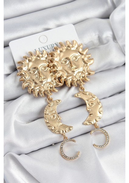 Pirinç Zirkon Taşlı Sallantılı Güneş Model Gold Renk Kadın Küpe