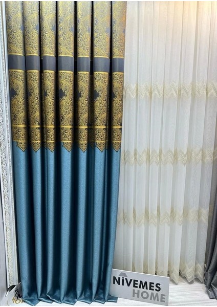 Nivemeshome Milas Turkuaz-Gold 671539 1/3 Sık Pileli Fon Perde Apm