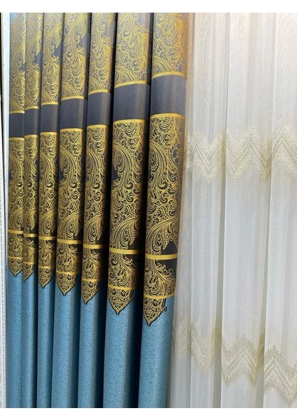 Nivemeshome Milas Turkuaz-Gold 671539 1/3 Sık Pileli Fon Perde Apm modelleri