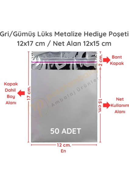 12X17 cm Gümüş Renk Bantlı Lüks Metalize Hediyelik Poşet (50 Adet)