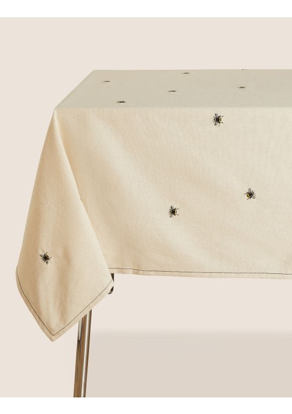 Saf Pamuklu Arı İşlemeli Masa Örtüsü