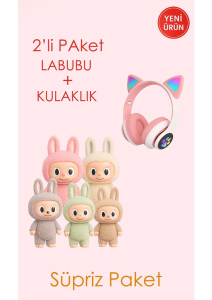 Pop Mart Labubu Peluş Oyuncak + Bluetooth Kedi Kulaklık
