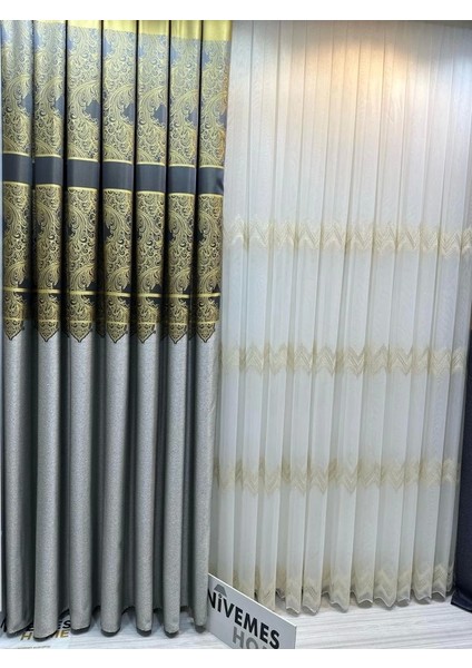 Nivemeshome Milas Gri-Gold 671539 1/3 Sık Pileli Fon Perde Apm
