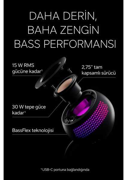 Pebble X Siyah 2.0 15W USB-C Bluetooth 5.3 RGB Aydınlatmalı 2.0 Masaüstü Multimedya Hoparlör indirimleri