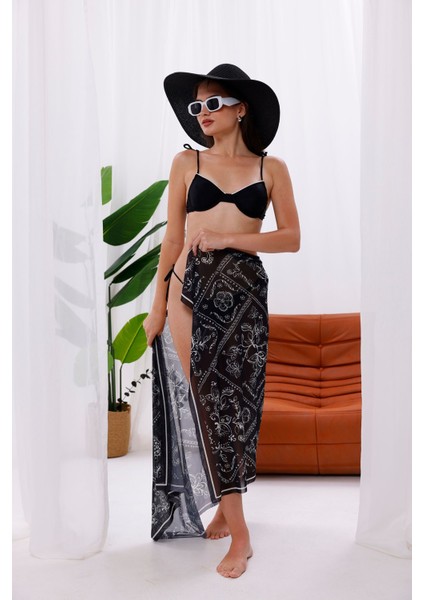 Iç Gösterir Transparan Pareo - Bandana Çiçeği Model 150X95 cm
