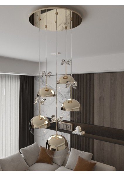 Solis Enerji Tasarruflu Modern ve Lüks Gold 5'li LED Avize