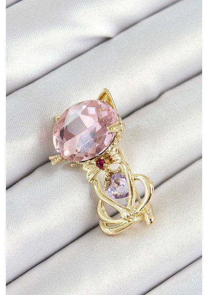 Pembe Zirkon Taşlı Kap Detaylı Kedi Figürlü Gold Renk Kadın Broş - Lisinya