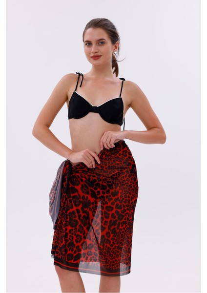 Iç Gösterir Transparan Pareo - Kırmızı Leopar Model 150X95 cm