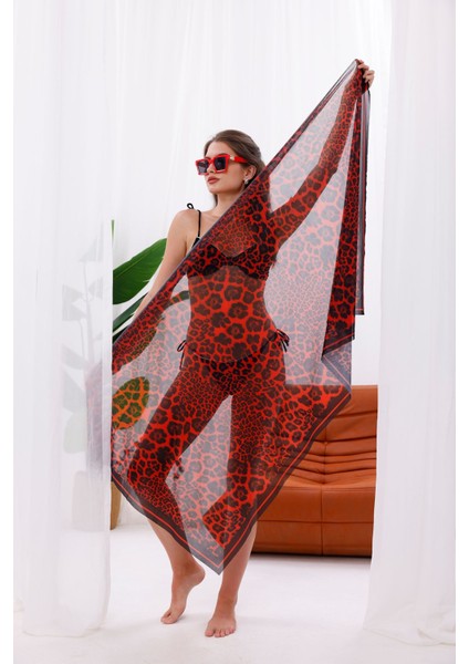 Iç Gösterir Transparan Pareo - Kırmızı Leopar Model 150X95 cm