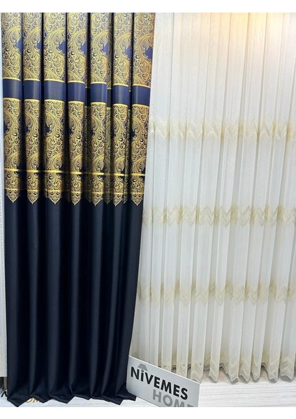 Nivemeshome Milas Lacivert-Gold 671539 1/3 Sık Pileli Fon Perde Apm