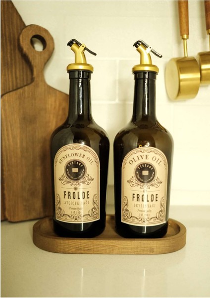 Home Ahşap Stantlı 2'li Amber Gold Tıpalı 500 ml Cam Ayçiçek Yağı Zeytinyağı Şişesi Yağdanlık fiyatları