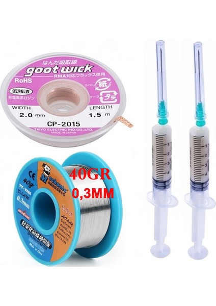 Anakart Tamir Dörtlü Set Lehim Teli 0,3mm Flux Lehim Toplama CP-2515 Lehim Sökme Teli 2,0mm ST02