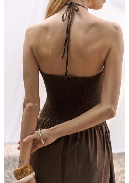 Elisa Gül Detay Koyu Kahve Uzun Elbise