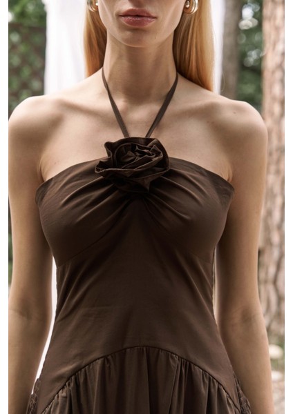 Elisa Gül Detay Koyu Kahve Uzun Elbise