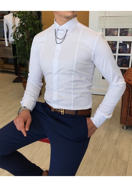 İTALYAN KESİM slim ERKEK SATEN BEYAZ ZİNCİRLİ GÖMLEK T4091 fiyatları