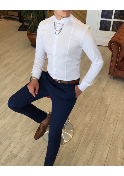 İTALYAN KESİM slim ERKEK SATEN BEYAZ ZİNCİRLİ GÖMLEK T4091 modelleri