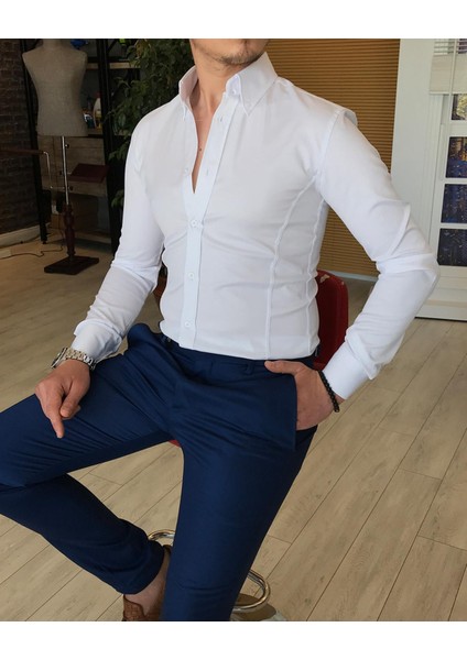 İtalyan Stil Slim Fit Dik Yaka Saten Erkek Gömlek Beyaz T4754