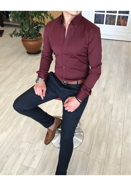 italyan stil slim fit dik yaka saten erkek gömlek Bordo T4742 indirimleri