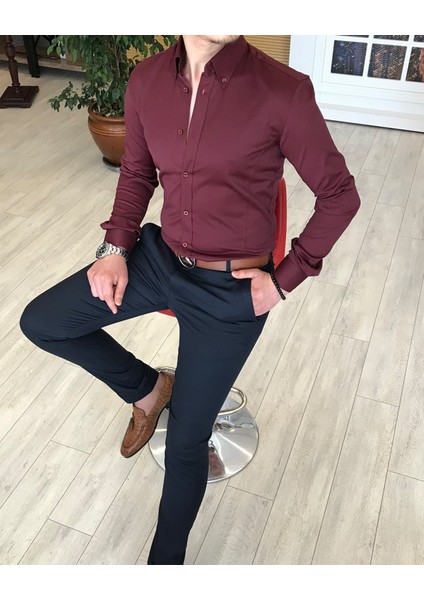 italyan stil slim fit dik yaka saten erkek gömlek Bordo T4742