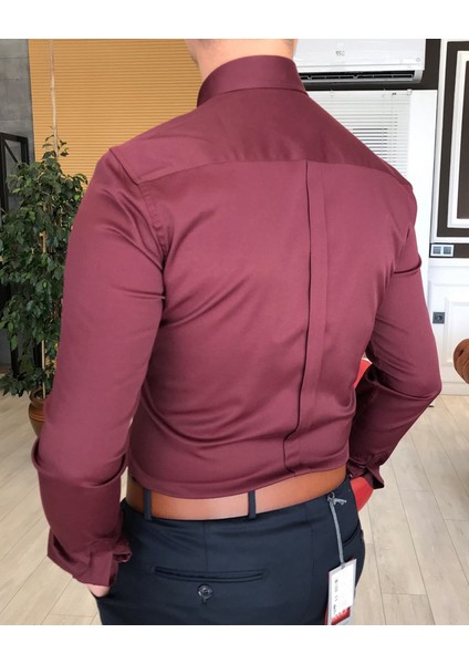 italyan stil slim fit dik yaka saten erkek gömlek Bordo T4742