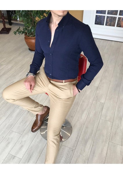 İtalyan Stil Slim Fit Dik Yaka Saten Erkek Gömlek Koyu Lacivert T4740 fiyatları