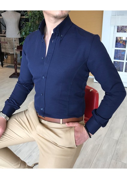 İtalyan Stil Slim Fit Dik Yaka Saten Erkek Gömlek Koyu Lacivert T4740 modelleri