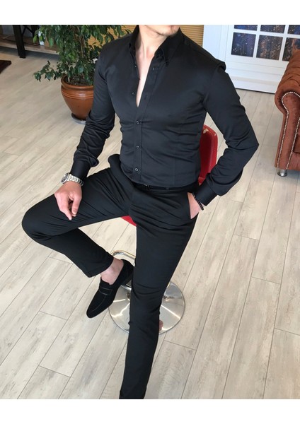 İtalyan Stil Slim Fit Dik Yaka Saten Erkek Gömlek Siyah T4739