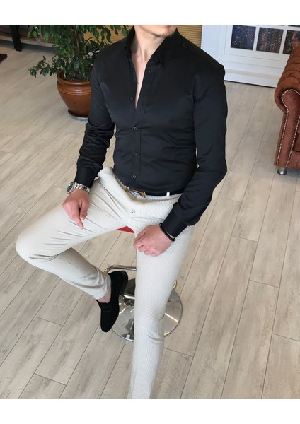 İtalyan Stil Slim Fit Dik Yaka Saten Erkek Gömlek Siyah T4739 modelleri