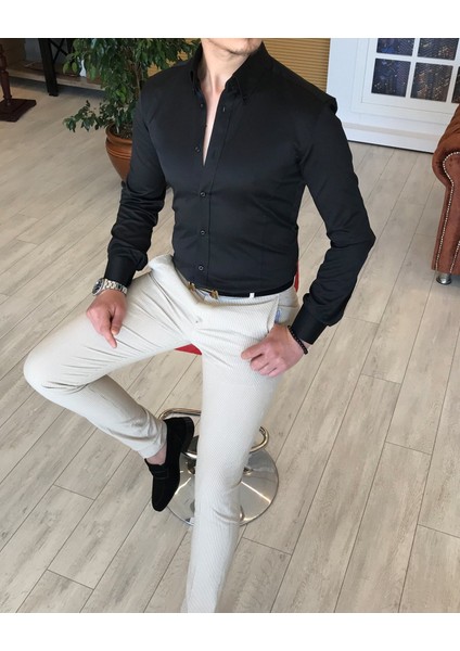 İtalyan Stil Slim Fit Dik Yaka Saten Erkek Gömlek Siyah T4739 fırsatları