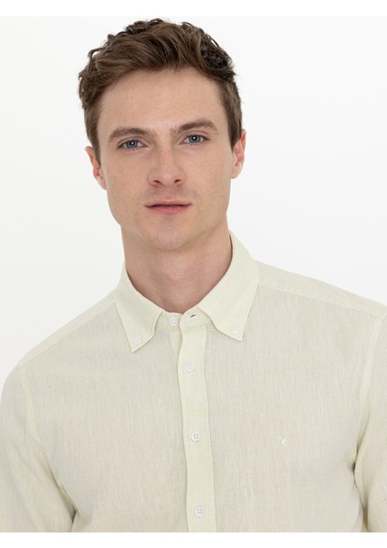 Erkek Fıstık Yeşili Keten Karışımlı Slim Fit Uzun Kollu Gömlek 50250813-VR087 indirimleri